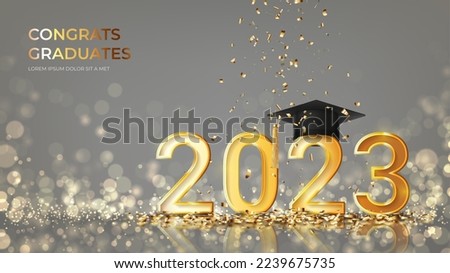 Banner for design of graduation 2023. Golden numbers with graduation cap and confetti on background with effect bokeh. Congratulations graduates 2023. Vector illustration for degree ceremony design.