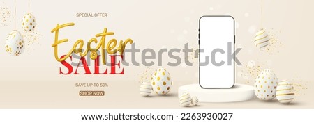 Vector background for Easter sale. Vector holiday illustration with phone with blank display on podium, decorative eggs and golden confetti. Happy Easter banner for presentation of products or goods.