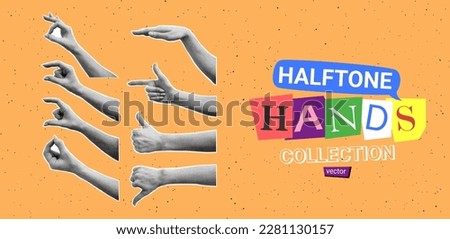 Collection of halftone hands. Vector illustration with gestures of hands with halftone effects for decoration of retro banners and vintage postres. Set of collage elements.