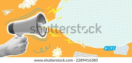 Collage with loudspeaker in hand. Vector illustration with halftone elements for decoration of advertising, promotion or announcing events. Retro banner concept with cut out paper elements.