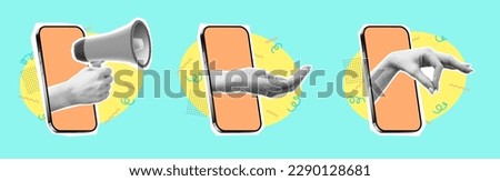 Set of collage elements with phones and hands. Vector illustration with hands coming out of phones and showing different gestures. Retro banner with cut out paper elements.