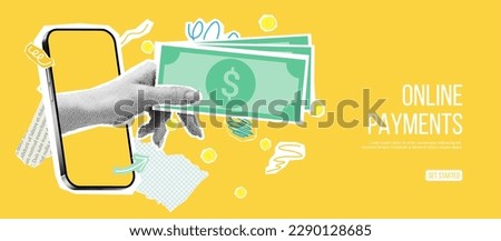 Online payments collage concept. Vector illustration with hand coming out of phone and holding money. Retro banner concept with cut out paper elements. Online payments, money exchange or loan.