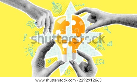 Teamwork concept banner. Halftone hands connect pieces of bulb puzzle. Symbol of teamwork, cooperation, partnership, creative idea or brainstorm. Vector illustration with paper cut out elements.