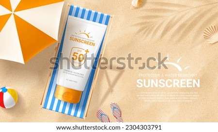 Sunscreen ad banner template. Banner with tube of sunscreen on beach chair on sand with seashells, flip flops, beach umbrella and ball. Vector 3d ad illustration for promotion of summer goods.