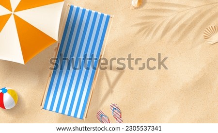 Sunscreen ad banner template. Banner with tube of sunscreen on beach chair on sand with seashells, flip flops, beach umbrella and ball. Vector 3d ad illustration for promotion of summer goods.