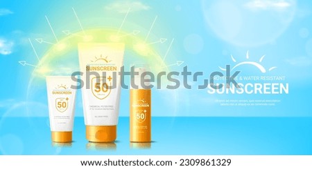 Summer sunscreen cream ad banner. Banner with tubes and bottle of sunscreen cream in sphere shield under sun rays. Concept of protection from UV radiation. 3d vector illustration of sunblock product.