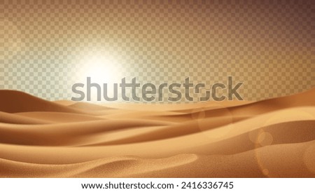 Realistic desert landscape isolated on checkered background. Beautiful view on realistic sand dunes. 3d vector illustration of sandy desert with sunset or sunrise. Template of decoration summer events