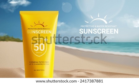 Sunscreen ad banner template. Banner with tube of sunscreen on beach sand with sunny sea shore on background. Vector 3d ad illustration for promotion of summer goods and cosmetics.