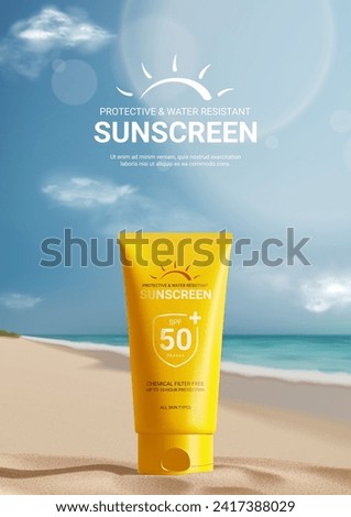 Sunscreen ad poster template. Flyer with tube of sunscreen on beach sand with sunny sea shore on background. Vector 3d ad illustration for promotion of summer goods and cosmetics.