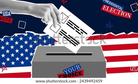 Presidential election promo collage. Vector banner with USA flags and halftone hand putting ballot in voting box. Collage for US Election 2024 campaign. Vote day, November 5.