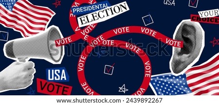 2024 US presidential election collage. Vector banner with halftone hand, loudspeaker and ear calling to USA election voting. Collage for US Election 2024 campaign. Vote day, November 5.