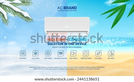 Ad banner of air conditioner. Realistic vector illustration with air conditioner with heating and cooling modes. Modern split system climate control for home. Product mockup concept.