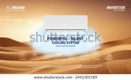 Promo banner of air conditioner. Realistic vector illustration with air conditioner with cooling air in hot desert. Modern split system climate control for home. Product mockup concept.