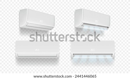 Set of air conditioners. Realistic vector illustration with air conditioners with cooling flows. Modern split system climate control for home. Product mockup concept isolated on checkered background.