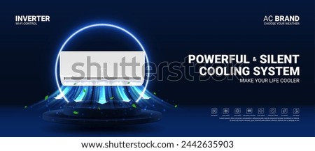 Horizontal ad banner of air conditioner. Realistic vector illustration with air conditioner on podium with neon circle. Modern split system climate control for home. Product mockup concept.