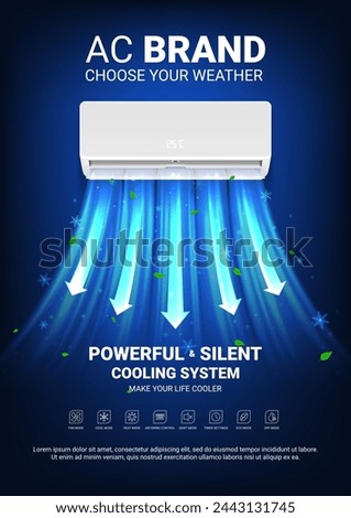 Ad poster of air conditioner. Realistic vector illustration with air conditioner with cold fresh air wind wave with leaves. Modern split system climate control for home. Product mockup concept.