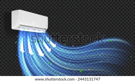 Air conditioner isolated on checkered background. Realistic vector illustration with air conditioner with cold fresh air wind wave with leaves. Modern split system mockup concept.