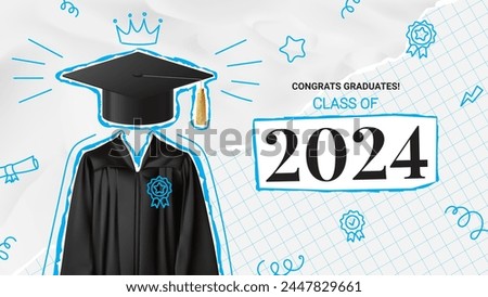 Greeting banner of graduation 2024. Vector collage with graduation cap and gown on torn notebook leaf and crumpled paper. Graduation collage for decoration social media, poster, degree ceremony.