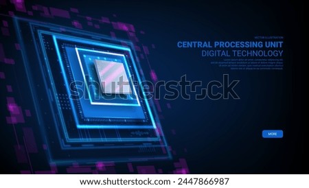 Futuristic banner with digital computer chip. Semiconductor technology concept. Modern vector illustration of CPU isolated on dark background. Digital chip with HUD elements.