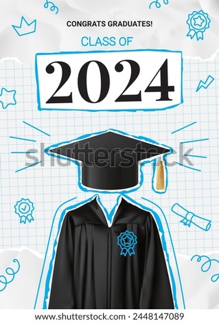 Greeting poster of graduation 2024. Vector collage with graduation cap and gown on torn notebook leaf and crumpled paper. Graduation collage for decoration social media, poster, degree ceremony.