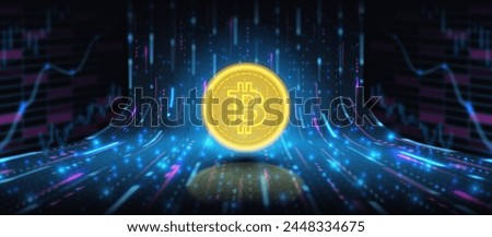 Futuristic concept banner with Bitcoin. Vector banner with glowing bitcoin, abstract digital elements, rising energy stream. Trading on the cryptocurrency exchange. Virtual cryptocurrency concept.