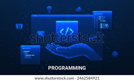 Concept of app development and programming. Information technologies, computer engineering or coding, developing software or game. Polygonal vector illustration with programming windows.