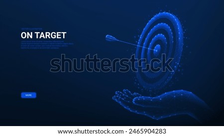 Banner with polygonal target. Vector illustration with hand holding glowing polygonal target and arrow. Growth strategy, business goal concept, goals achievement, targeting the business.