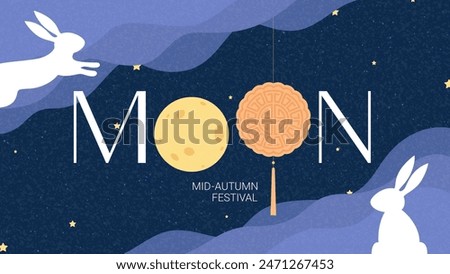 Mid-Autumn Festival banner. Creative Mooncake Festival background. Flat vector illustration with rabbits, clouds, moon, mooncakes and stars. Minimal art banner for Chinese, Korean, Asian festival.