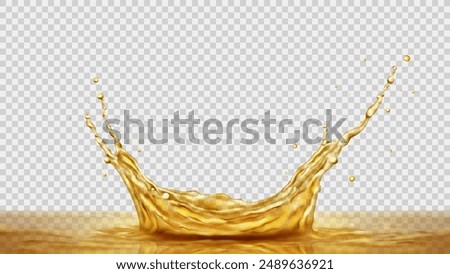 Realistic splash of oil or juice. Vector illustration with splash of olive or sunflower oil, juice, honey, soda, beer, yellow water. Mockup for food advertisement isolated on checkered background.