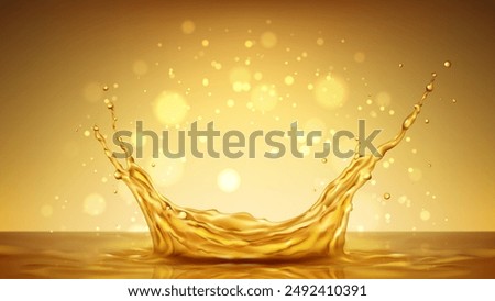 Vector realistic splash of oil or juice. Banner with splash of olive or sunflower oil, honey, soda, beer, yellow water. Mockup for food advertisement isolated on bright background with bokeh effect.