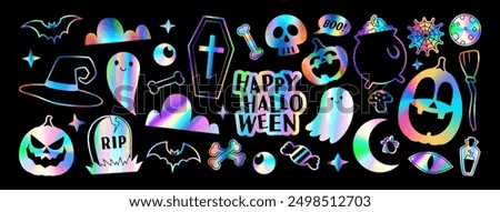 Set of holographic stickers for Halloween. Vector illustration with iridescent foil adhesive film with Halloween symbols in y2k style for decoration banner, poster, social media, web. Retro stickers.