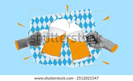 Collage for Oktoberfest decoration. Vector collage with cutout halftone elements for Oktoberfest. Halftone hands clink beer mugs together on background of torn paper with white and blue rhombus.