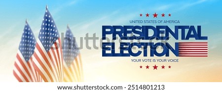 2024 presidential election banner. USA presidential election 2024 banner with USA flags and cloudy sky at sunrise, vote symbol. Vote day, November 5. Vector illustration for US Election 2024 campaign.