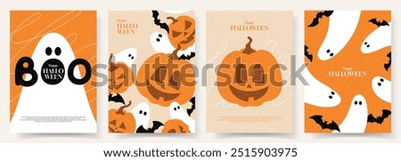 Happy Halloween posters template. Flat vector illustration with pumpkins, ghosts and bats. Cartoon Halloween gift cards. Trendy holiday flyers for decoration cover, banner, card,  social media, event.