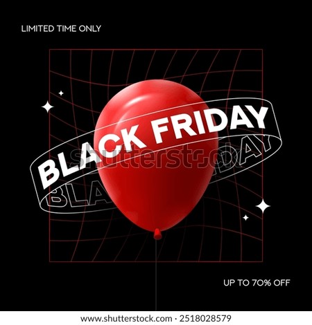 Black friday banner template. Black Friday sale in y2k style with red balloon, stars and discount offer. Design template for Black Friday sale, promotion, advertising and social media ad.