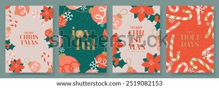 Merry Christmas and Happy New Year posters. Trendy vector illustration with Christmas decoration and typography design. Contemporary minimalist New Year flyers for card, poster, cover, social media.