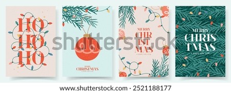 Merry Christmas and Happy New Year flyers. Trendy vector illustration with Christmas decoration and typography design. Contemporary minimalist New Year flyers for card, poster, cover, social media.