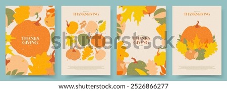 Happy Thanksgiving Day posters. Trendy Thanksgiving Day posters with pumpkins and fall foliage - horizontal background perfect for social media, greeting cards, promotion and advertising.