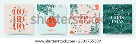 Merry Christmas and Happy New Year cards. Trendy vector illustration with Christmas decorations and typography design. Minimalist New Year banners for seasonal ads, covers, posters, social media.