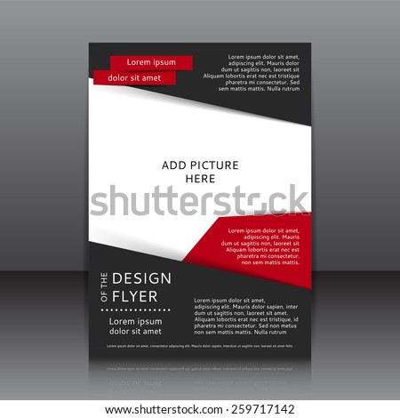 Vector design of the black flyer whit red elements and place for pictures. Poster template for your business.