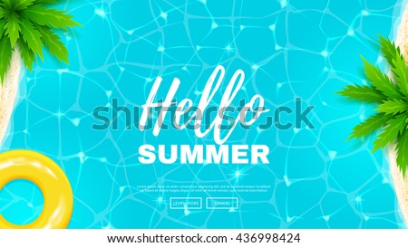 Hello summer web banner. Beautiful background on the sea topic with palm trees. Vector illustration. Hello Summer Holiday backdrop.