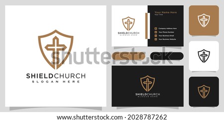 shield church line style logo vector design and business card