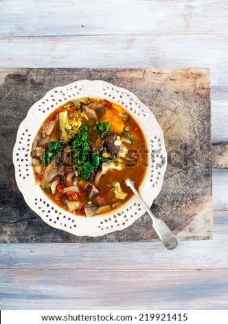 Winter soup with kale, mushrooms and butternut squash