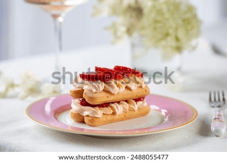 Similar – Image, Stock Photo Strawberries tiramisu on a field of daisies in spring