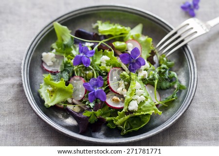 Spring salad with radish, broad beans and violets