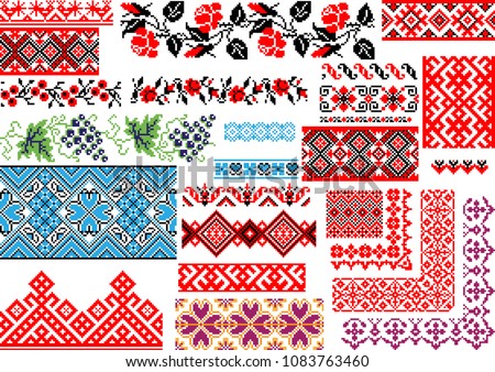 Collection of 25 editable colorful seamless ethnic patterns for embroidery stitch. Borders and frames ストックフォト © 