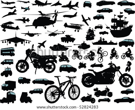 Set of transportation silhouettes: cars, planes, bikes, ships