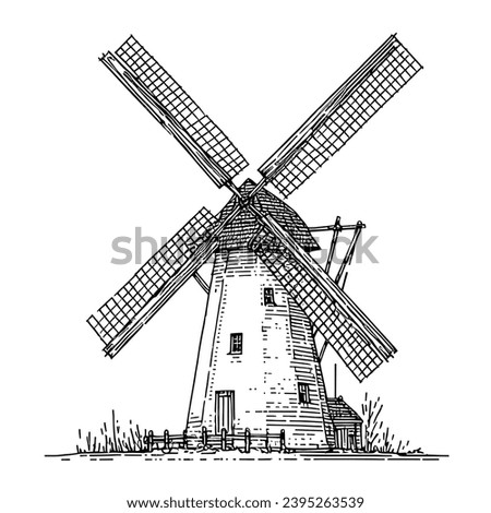 One continuous line drawing minimal European old historical mill houseSingle hand drawn art line doodle outline isolated.
