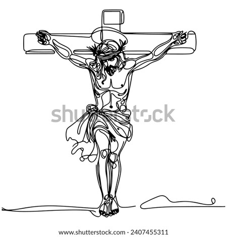 One continuous single drawn line art doodle spirituality cross, crucifixion Jesus Christ .Isolated image of a hand drawn outline on a white background.