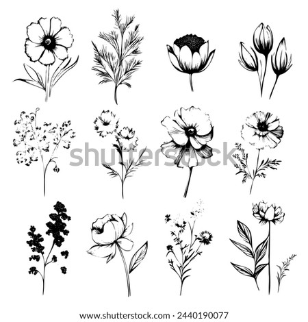 A set of black and white flowers with a variety of shapes and sizes. The flowers are arranged in a grid, with some overlapping and others standing alone
